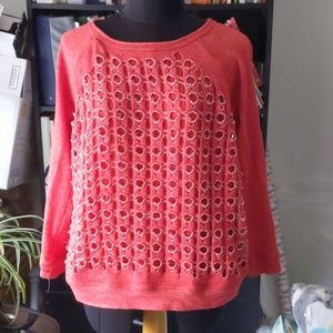 3/4 Sleeve Sweatshirt with distressed holes Heathered red pullover-medium